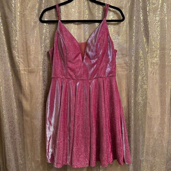B.Darlin Pink Sparkly Glitter Fit And Flare Pocketed Mini Dress Large - Picture 1 of 8